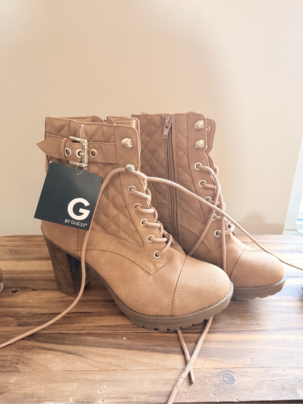 G by Guess Cognac Quilted Lace-Up Chunky Heel Ankle Boots